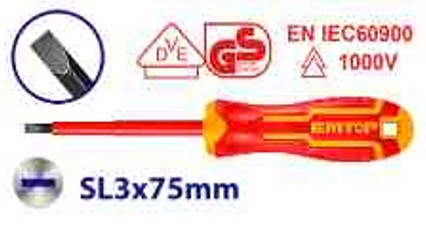 Insulated Screwdriver SL3.0×75mm, VDE+GS Certified, Cr-V, Round Shank Design